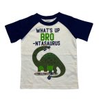short sleeve navy blue and white tee top with dinosaur and text designs