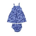 White spaghetti dress with navy blue beach designs and pant