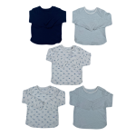 5 Pack of long sleeve tops, navy blue, gray with stripes and white with dinosaur designs