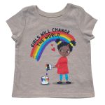 Carton color top with a girl painting rainbow and text designs