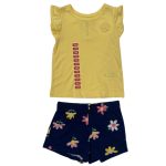 Yellow short sleeve top and navy blue short with flower designs