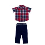 3 Piece set of red check shirt with navy blue trouser and a belt