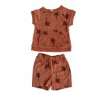 Brown top with pocket and tree design and brown short with tree designs