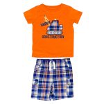 Set of orange top with truck design and a multicolor check combat short