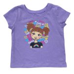 Short sleeve purple tee top with text and cartoon designs