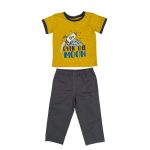 2 Piece set of yellow top with space and text designs and gray trouser