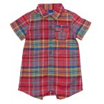 Short sleeve red check collar neck romper with brown button and pocket