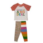 Multicolor top with text designs and multicolor stripes leggings