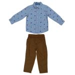2 Piece set of blue striped Shirt with dinosaur designs and brown trouser