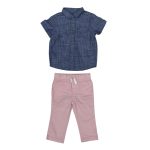 Short sleeve shirt  and trouser, gray and brown buttons (9-12 Months)