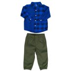 2 Piece set of blue check shirt with white buttons and green trouser