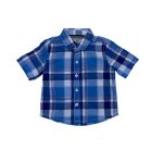 Blue short sleeve shirt with white checks designs and white buttons