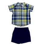 Short sleeve yellow check shirt with a navy blue short