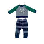 Long sleeve top with text design and navy blue stripes jogger