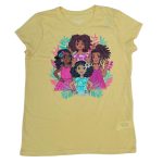 Yellow short sleeve top with cartoon character designs and leave designs