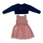 Set of long sleeve navy blue top with text design and an armless pink dress
