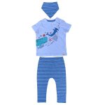 A set of white top with sea creature designs and a blue stripe jogger