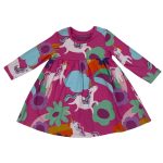 Pink long sleeve pleated dress with unicorn and flower designs