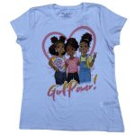 White short sleeve top with cartoon character, text and love designs