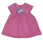 Short sleeve pleated pink dress with unicorn and rainbow designs