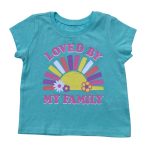 Turquoise blue short sleeve tee top with sun, flower and text designs