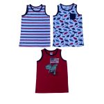 3 Pack of vest, white striped, white with dinosaur designs and red with dinosaur with an American flag