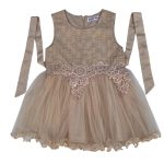 Armless flared gold color dress with flower designs and zip at the back