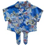Blue short sleeve crop top with flower designs with gray buttons