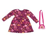 whine Color long sleeve dress with animals and flower designs and a pink cross bag