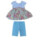 Multicolor short sleeve dress with flower designs and a blue plain short