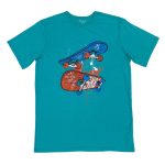 Shade of blue tee top with skate board design