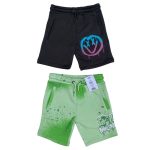 2 Pack short, gray short with pocket and art face design and green short with pocket and text designs