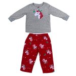 Grey long sleeve top and red trouser with unicorn designs