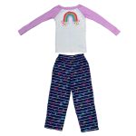 Multicolor pyjamas top with rainbow design and a navy blue stripe trouser