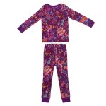 Purple long sleeve top with flower designs and a matching trouser