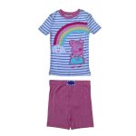 White stripe top with Peppa pig with rainbow design and a plain pink short