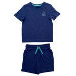 Navy blue short sleeve top with sun and text designs and a matching short
