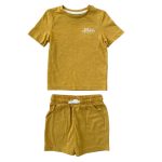 2 Piece shade of yellow short sleeve top with text design and a matching short