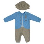 Brown cap and a multicolor overall with pocket, butterfly and hare designs
