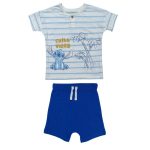 Blue stripe short sleeve top with cartoon character designs and a blue short