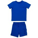 2 Piece set of blue short sleeve top with pocket and a matching short, our high quality 2 piece set are designed for optimal comfort and breathability