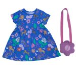 Blue dress with flower, rainbow and animal designs and a pink cross-bag