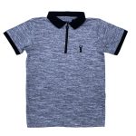 Gray short sleeve top with a black collar zip and deer design