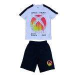 White and black short sleeve top with text and designs and a matching black short,