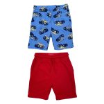 Blue short with car designs and a plain red short with pocket both has elastic waist