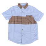Its a withe and brown short sleeve shirt with collar, button and pocket