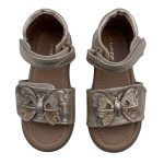 Gold color sandal with butterfly designs and a brown sole