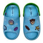 CLOG (blue clog with cartoon character face and sky designs)