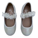 First walkers pearly white Corsage ballet shoes with flower design strap
