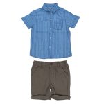 2 Piece set of blue stripe shirt with collar and button with pocket and a brown short